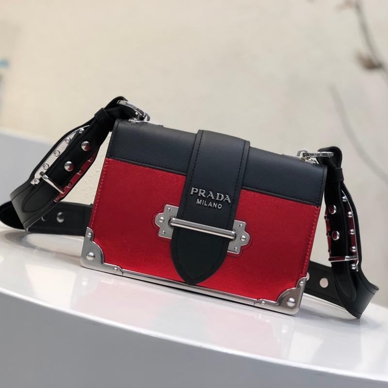 Prada 1BD045 silver light plain pattern color matching silver buckle red and black